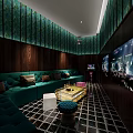 Modern KTV Interior Design With Green Sofas Wooden Walls And Grid Patterned Floor 3d model