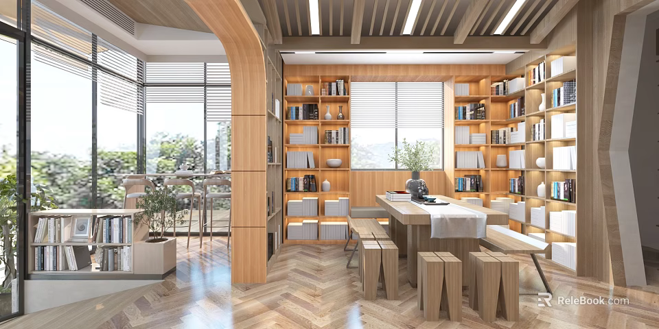 Modern Library Aesthetic Space With Wooden Shelves And Natural Light 3d model 