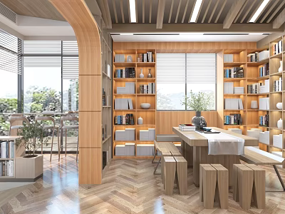 Modern Library Aesthetic Space With Wooden Shelves And Natural Light 3d model