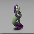 Purple Haired Female Character Sitting On Green And Pink Serpentine Creature Holding Its Head