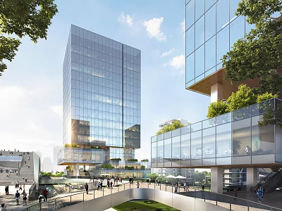 Modern Office Building With Glass Curtain Wall Greenery And Outdoor Public Spaces 3d model
