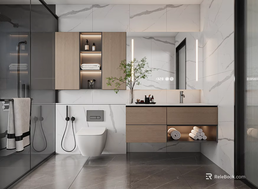 Modern Bathroom Interior With Marble Walls Lighted Mirror Wooden Vanity And Potted Plant 3d model 