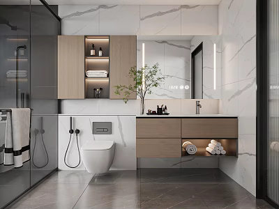 Modern Bathroom Interior With Marble Walls Lighted Mirror Wooden Vanity And Potted Plant 3d model