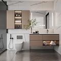 Modern Bathroom Interior With Marble Walls Lighted Mirror Wooden Vanity And Potted Plant