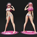 Pink Haired Girl Wearing Headphones In Bikini Standing Front And Back Views On Circular Base