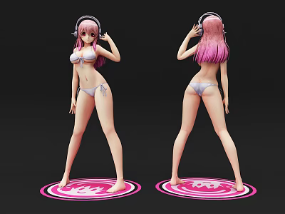 Pink Haired Girl Wearing Headphones In Bikini Standing Front And Back Views On Circular Base 3d model