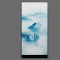 Blue and White Chinese Landscape Painting with Misty Mountains Calm Water Trees Flying Birds