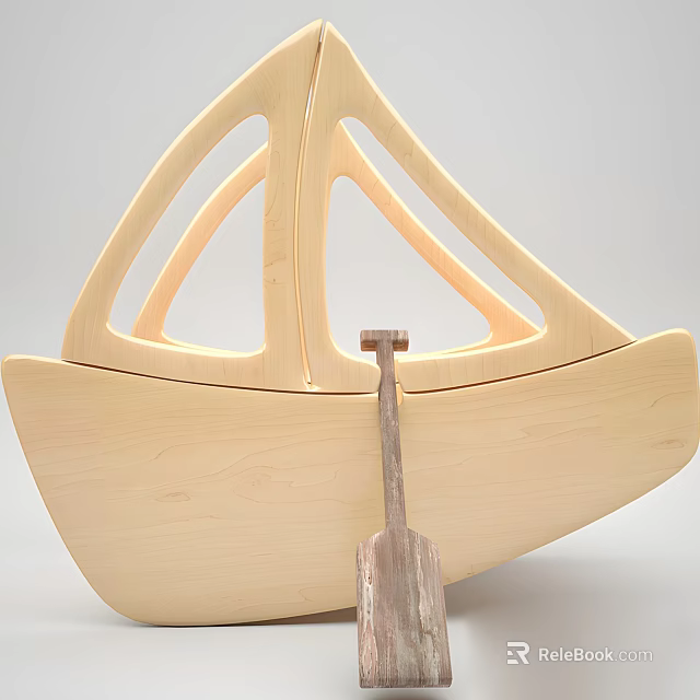 Wooden Boat Model With Curved Structure And Matching Wooden Paddle 3d model 