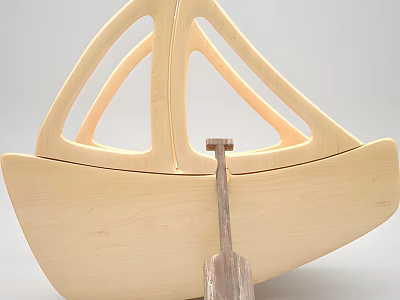 Wooden Boat Model With Curved Structure And Matching Wooden Paddle 3d model