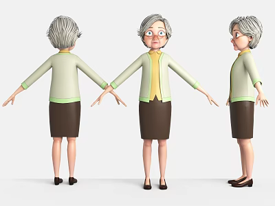 Elderly Woman With Gray Short Hair Light Green Top Brown Skirt Black Shoes Three Angles 3d model
