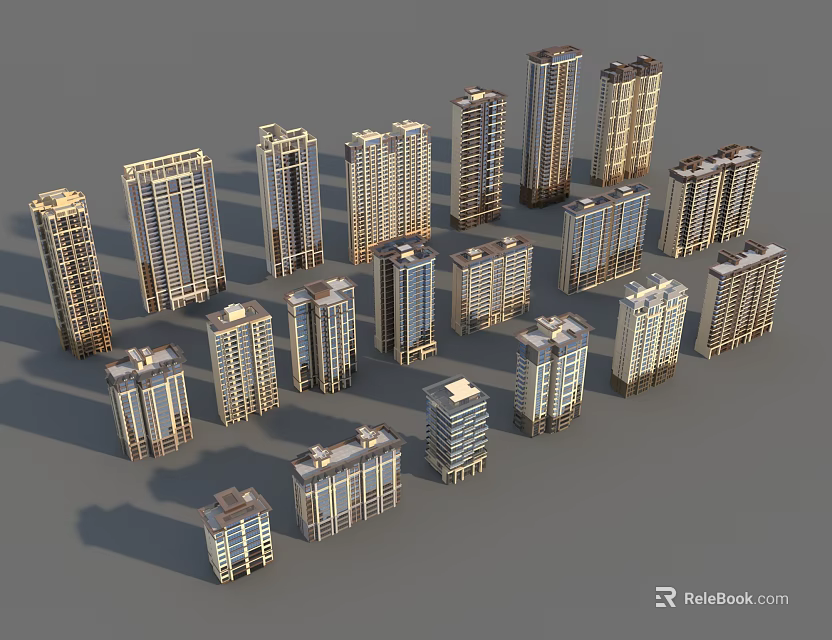 3D Model of Modern Residential Buildings with Various Designs and Grouped Layout 3d model 