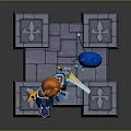 Orange Haired Character in Blue Armor Holding Swords with Blue Cat Creature on Stone Platform