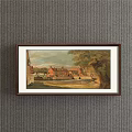 Framed Landscape Painting Featuring Green Grassland Cows Lake Sky With Clouds And Distant Building