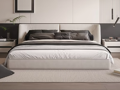 Modern Double Bed With Upholstered Headboard Dark Pillows Light Linens And Nightstands 3d model