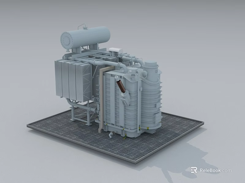 Heavy Duty Industrial Transformer Structure With Cylindrical Storage Tank Radiator Fins And Metal Frame Platform Base 3d model 