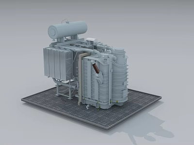 Heavy Duty Industrial Transformer Structure With Cylindrical Storage Tank Radiator Fins And Metal Frame Platform Base 3d model