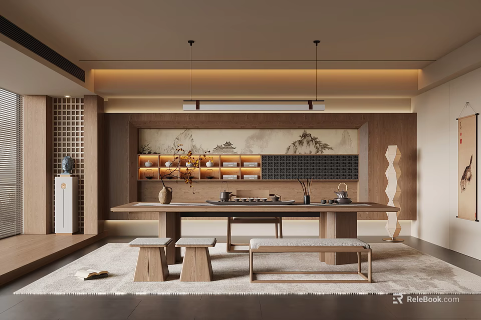 Traditional Tea Room Interior Design With Wooden Table Benches And Tea Sets 3d model 