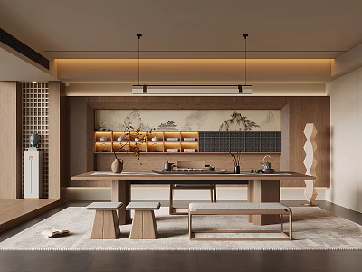 Traditional Tea Room Interior Design With Wooden Table Benches And Tea Sets 3d model