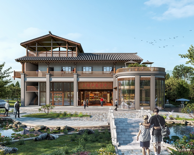 Traditional Chinese Architectural Visitor Center With Courtyard Pond Green Trees And Tourists 3d model 