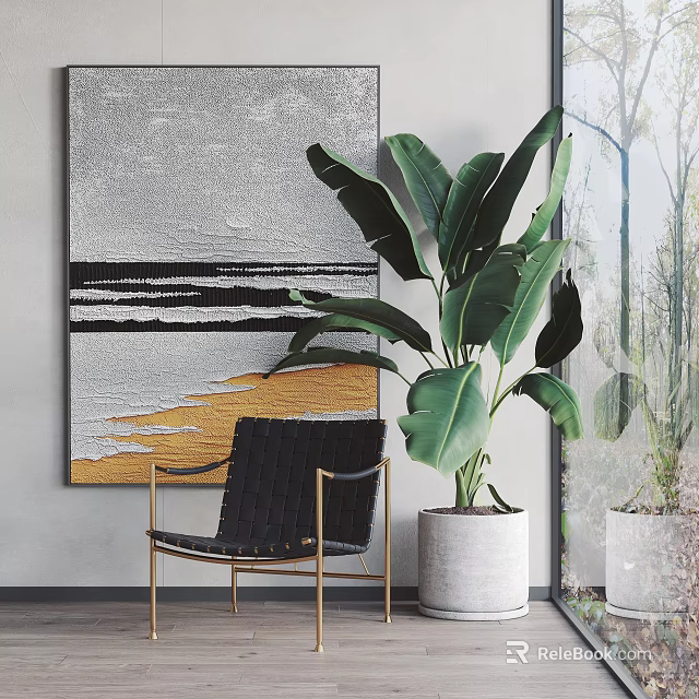 Modern Interior Decor With Abstract Painting Black Chair Large Green Plant White Planter And Window 3d model 