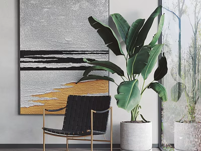 Modern Interior Decor With Abstract Painting Black Chair Large Green Plant White Planter And Window 3d model