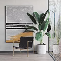 Modern Interior Decor With Abstract Painting Black Chair Large Green Plant White Planter And Window