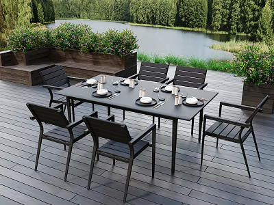Outdoor Dining Table and Chairs Set on Wooden Deck With Lake View And Green Plants 3d model