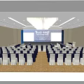 Spacious Conference Room with Arranged White Chair Covers Blue Backdrop and Large Screens