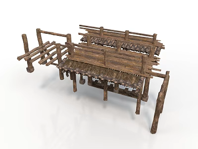 Rustic Wooden Outdoor Furniture With Slatted Design And Support Posts 3d model