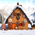 Charming Cartoon Scene Gingerbread House With Snowy Mountain Backdrop Forest And Sweet Cookie Decorations