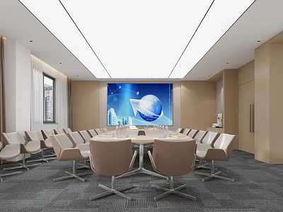 Modern Conference Room With Large Screen Round Conference Table And Comfortable Chairs 3d model