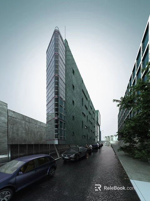 Modern High Rise Office Building With Glass Curtain Wall Street Cars And Pedestrians 3d model 