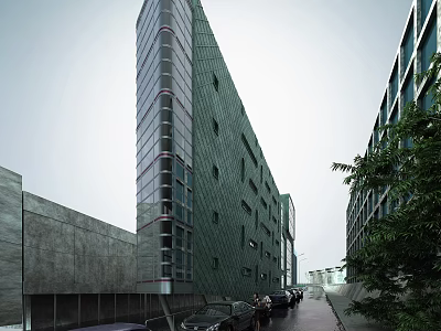 Modern High Rise Office Building With Glass Curtain Wall Street Cars And Pedestrians 3d model