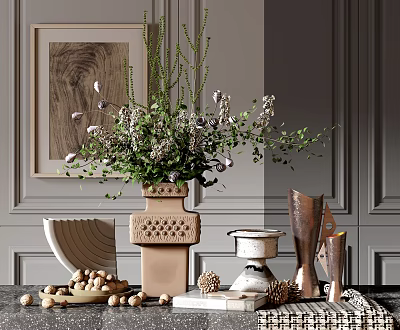 Decorative Ornament Set With Vase Flowers Wooden Tray Nuts Pinecones And Metal Accents 3d model