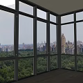 Floor to Ceiling Windows in Spacious Room with City Skyline and Lush Green Forest View