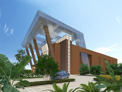 Modern Industrial Factory Building With Glass Facade Metal Structure And Green Plants 3d model