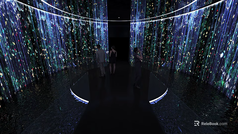 People Experiencing Hanging Blue Green Light Installations In Circular Reflective Space 3d model 