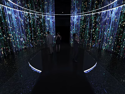 People Experiencing Hanging Blue Green Light Installations In Circular Reflective Space 3d model