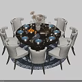Elegant Round Dining Table Set With Six White Chairs Dark Tablecloth Tableware Fruits Decorations 3d model