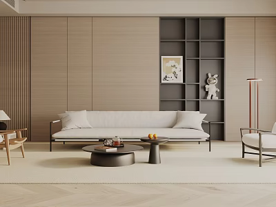 Modern Living Room Interior Design With Light Sofa Bookshelf And Herringbone Flooring 3d model
