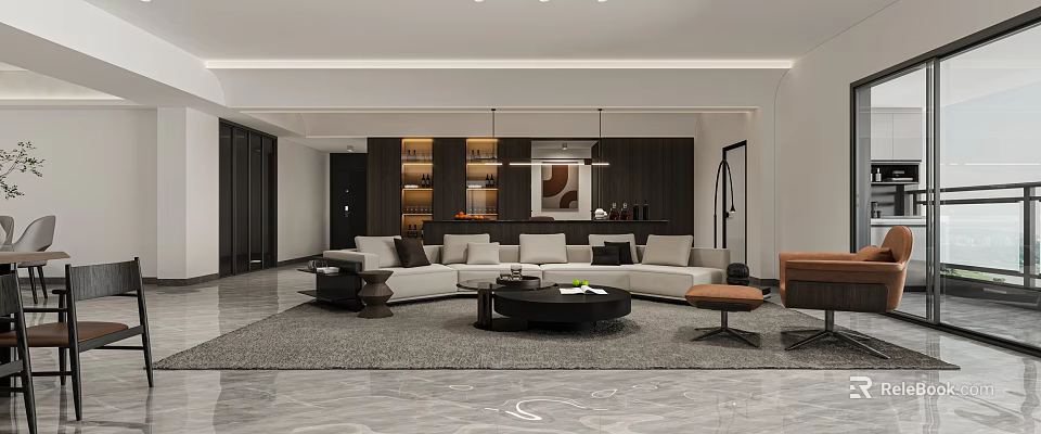 Modern Living Dining Room Interior With Sectional Sofa Coffee Table And Artwork 3d model 