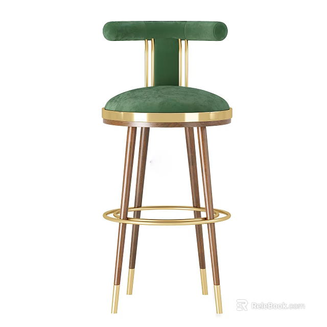 Green Velvet Upholstered Bar Stool With Gold Metal Accents And Wooden Legs Modern Luxury Design 3d model 