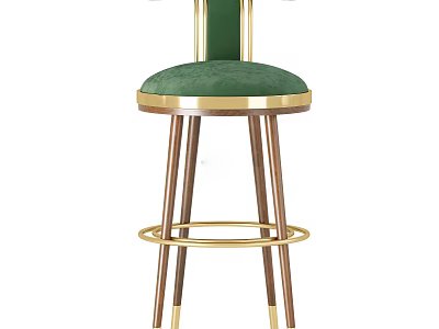 Green Velvet Upholstered Bar Stool With Gold Metal Accents And Wooden Legs Modern Luxury Design 3d model