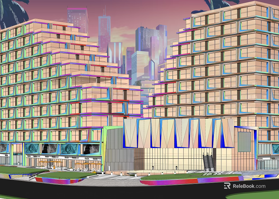 Modern Hotel Building With Multi Story Glass Curtain Walls And Urban Skyline 3d model 