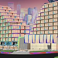 Modern Hotel Building With Multi Story Glass Curtain Walls And Urban Skyline