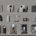 Modern Household Electrical Appliances Display On Shelves With Coffee Makers And Kettles