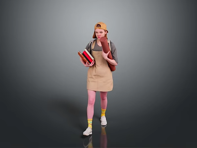 Child Wearing Beige Apron And Hat Holding Books And Scroll Standing 3d model