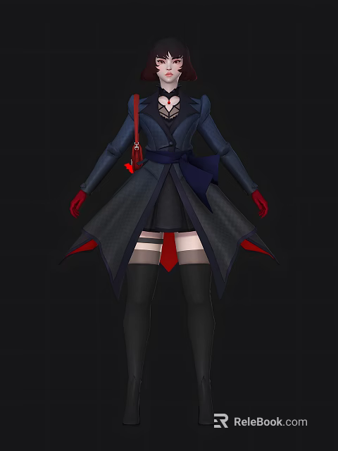 Woman In Dark Blue Coat With Red Gloves Blue Ribbon Belt And Black Stockings 3d model 