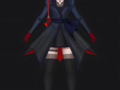 Woman In Dark Blue Coat With Red Gloves Blue Ribbon Belt And Black Stockings 3d model
