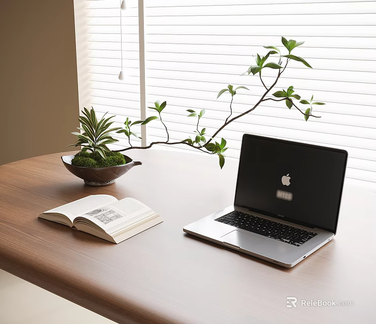 Bonsai Plant on Wooden Desk with Open Book and Laptop near Window Blinds 3d model 